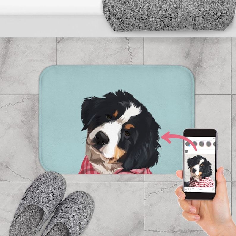 Custom Pet Portrait Bath Mat, Personalized Dog Portrait Door Mat, Floor Mats, Bathroom Decor, Dog Home Decor, Housewarming Gift, Bath Rug