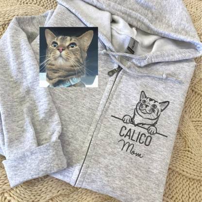 Cat Mom Hoodie, Dog Mom Zip Hoodie Embroidered Portrait From Photo, Zip Up Hoodie with Dog Embroidery, Birthday Gift For Mom