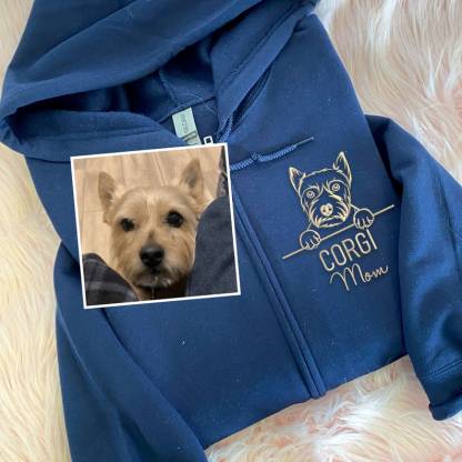 Cat Mom Hoodie, Dog Mom Zip Hoodie Embroidered Portrait From Photo, Zip Up Hoodie with Dog Embroidery, Birthday Gift For Mom