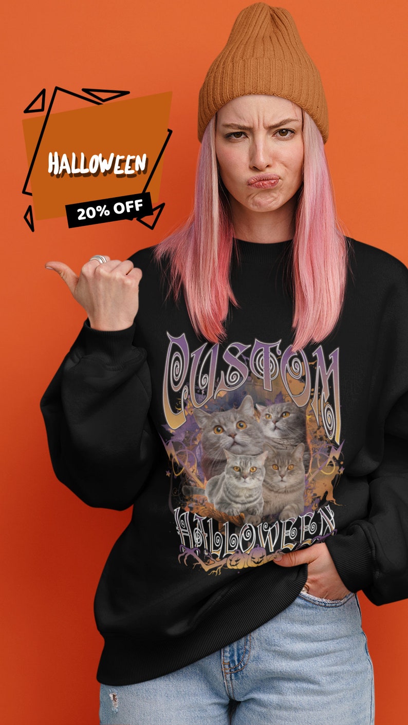 Custom Pet Halloween Sweatshirt Photo + Name, Halloween Sweatshirt, Cat, Dog Sweatshirt gift, Spooky season,Personalized gift for pet lovers