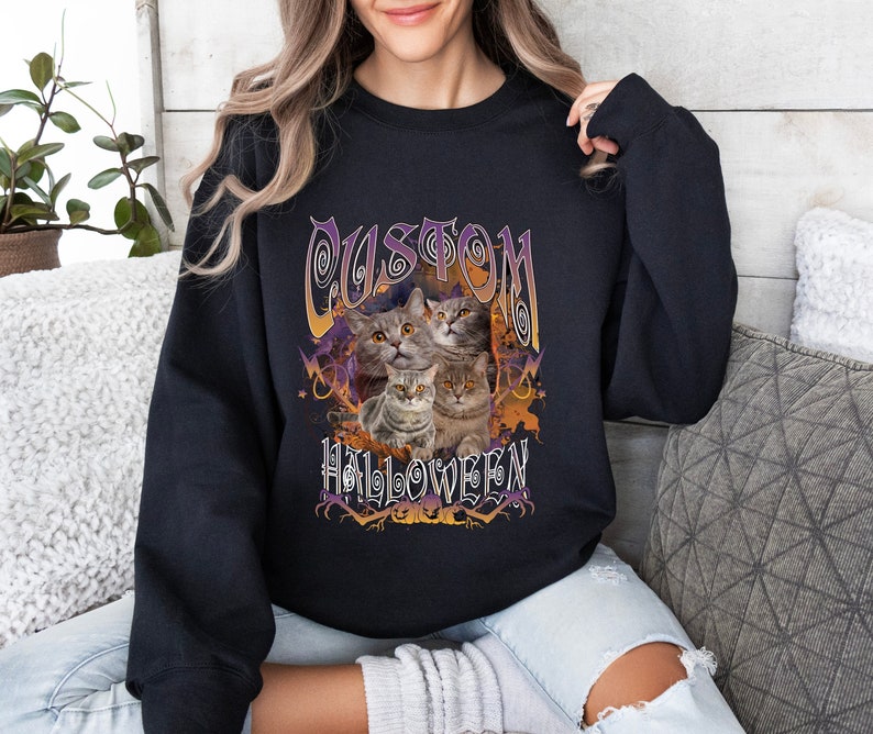 Custom Pet Halloween Sweatshirt Photo + Name, Halloween Sweatshirt, Cat, Dog Sweatshirt gift, Spooky season,Personalized gift for pet lovers