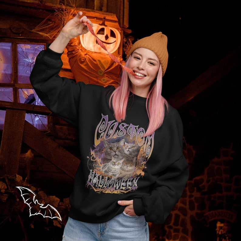 Custom Pet Halloween Sweatshirt Photo + Name, Halloween Sweatshirt, Cat, Dog Sweatshirt gift, Spooky season,Personalized gift for pet lovers