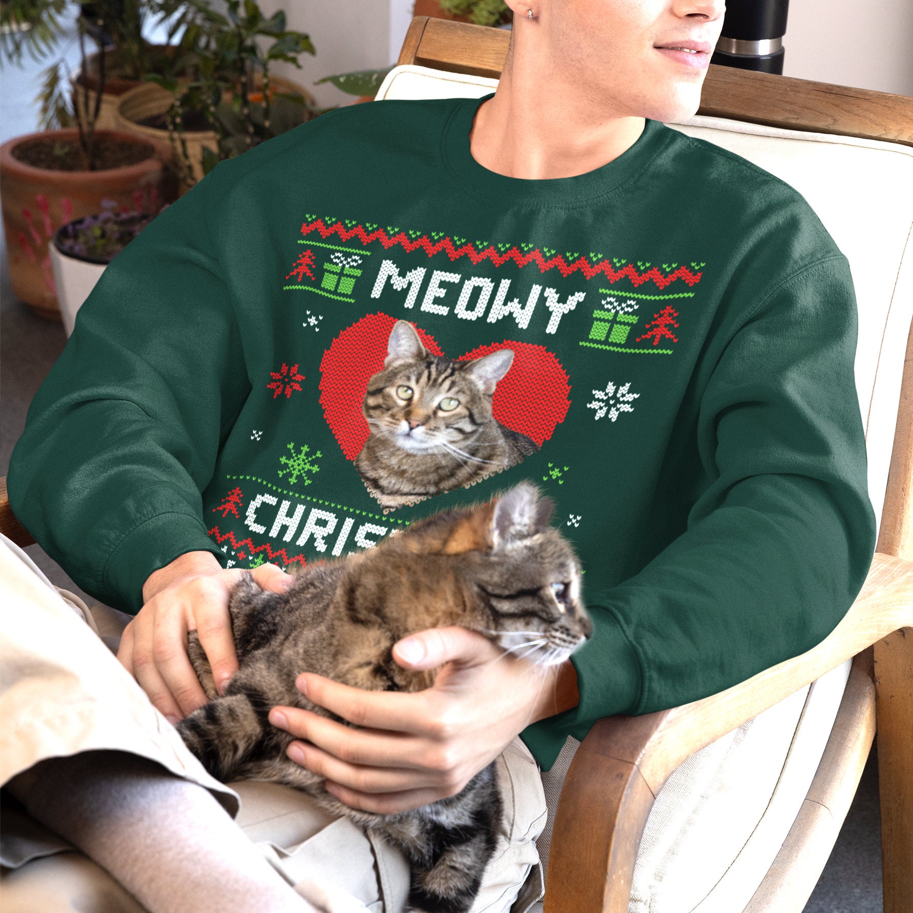 MEOWY CHRISTMAS PET black red cutomised photo sweater, Add picture face image of your pet