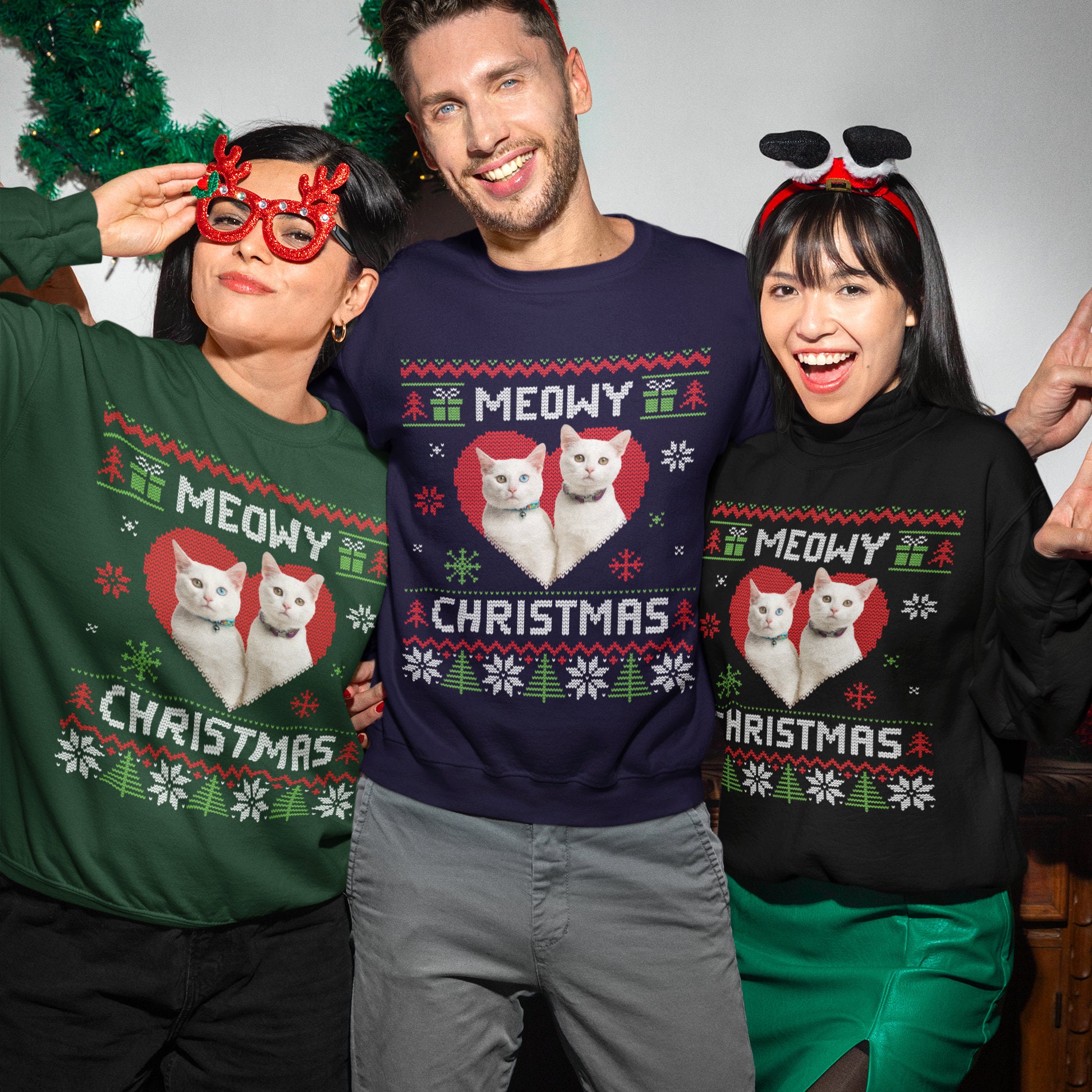 MEOWY CHRISTMAS PET black red cutomised photo sweater, Add picture face image of your pet