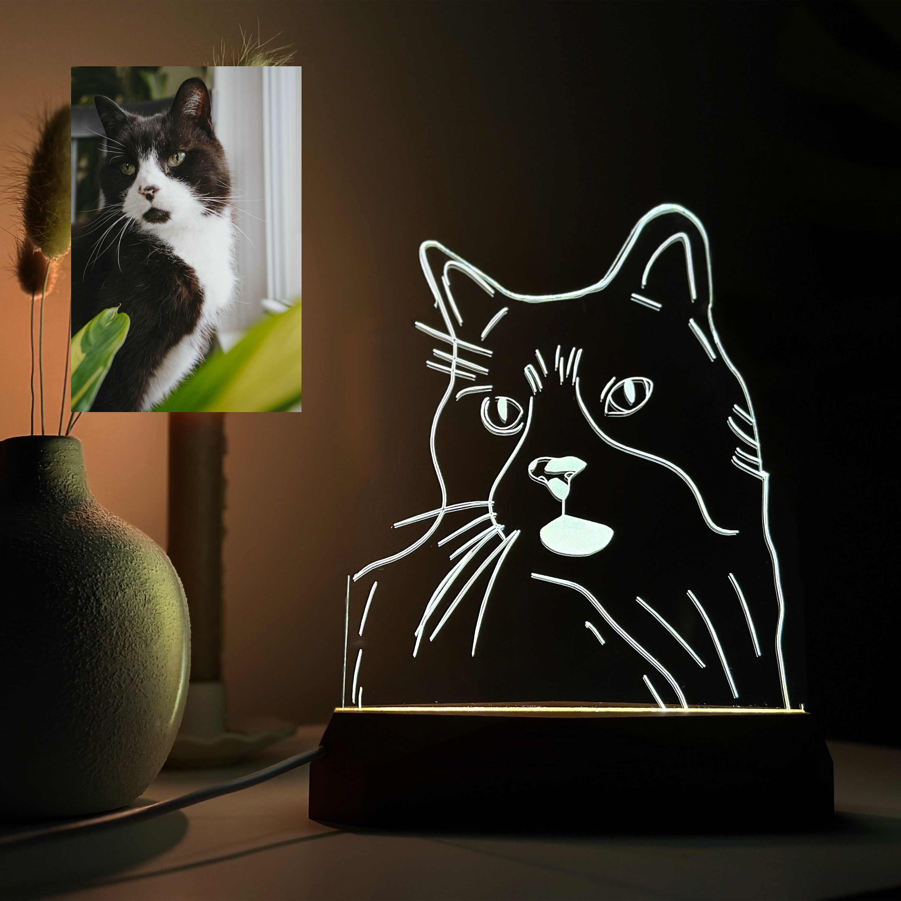 Custom Pet Acrylic Line Drawing Portrait Night Light, Pet Memorial Photo Light