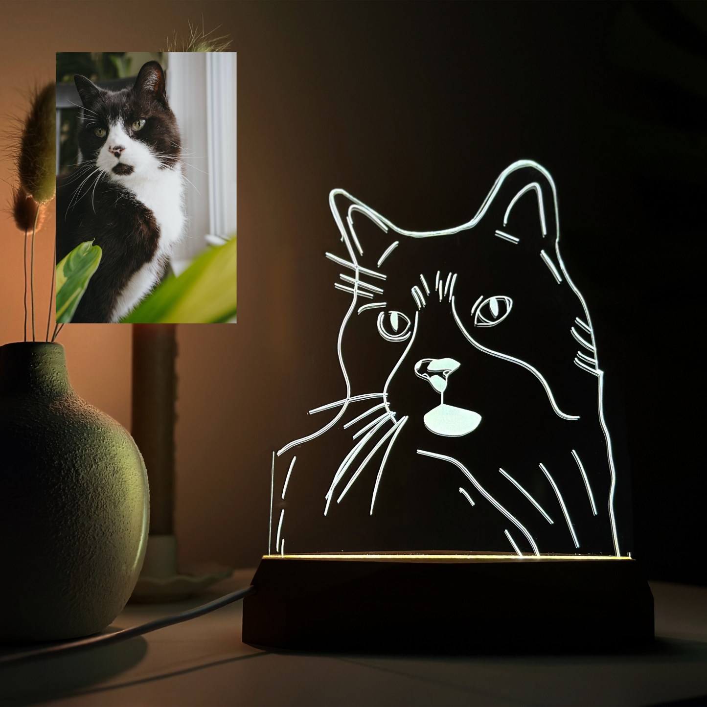 Custom Pet Acrylic Line Drawing Portrait Night Light, Pet Memorial Photo Light