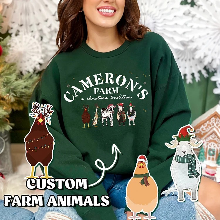 Custom Text and Farm Animals Christmas Sweatshirt – Perfect Holiday Gift for Farm Animal Lovers