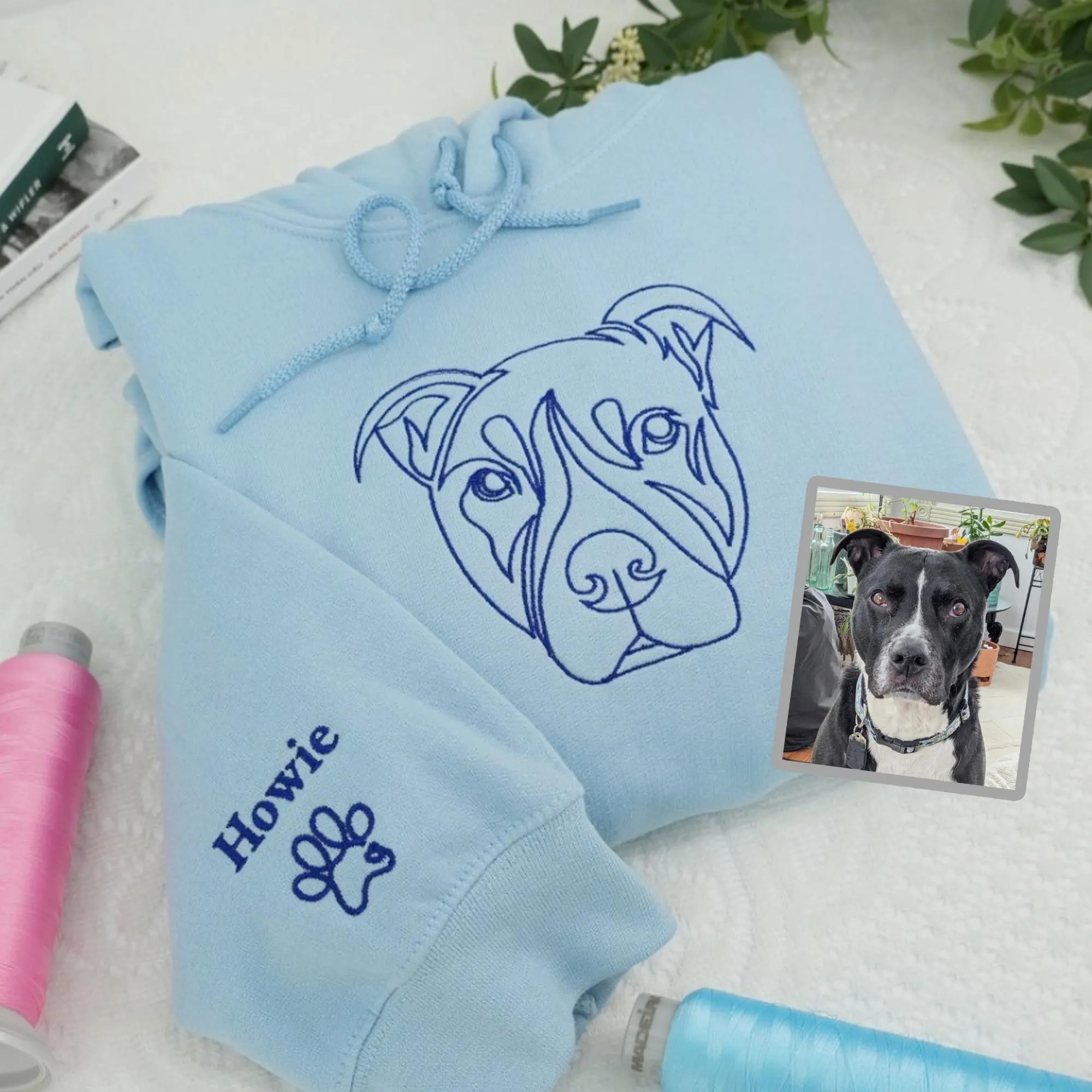 Custom Dog Outline Embroidered Hoodie – Personalized Pet Line Art & Name on Sleeve – Gift for Dog Lover or Pet Memorial