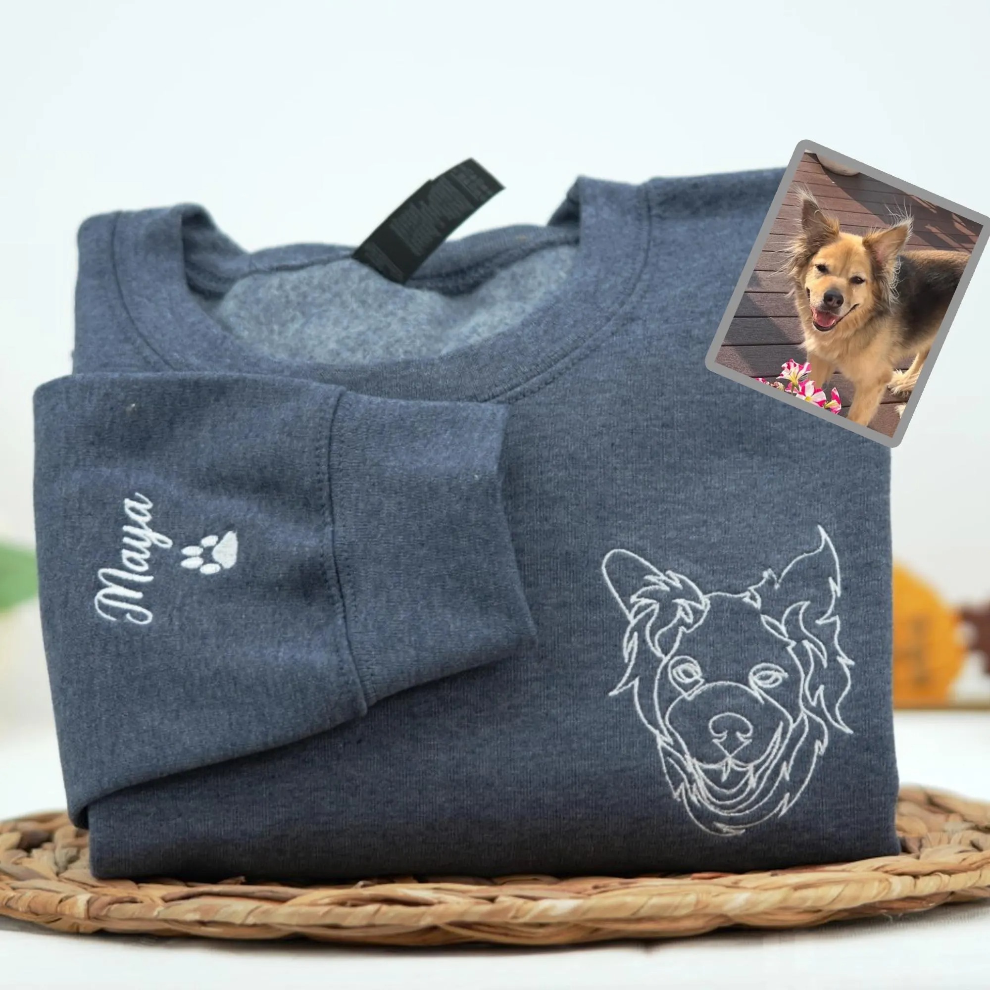 Custom Dog Outline Embroidered Hoodie – Personalized Pet Line Art & Name on Sleeve – Gift for Dog Lover or Pet Memorial