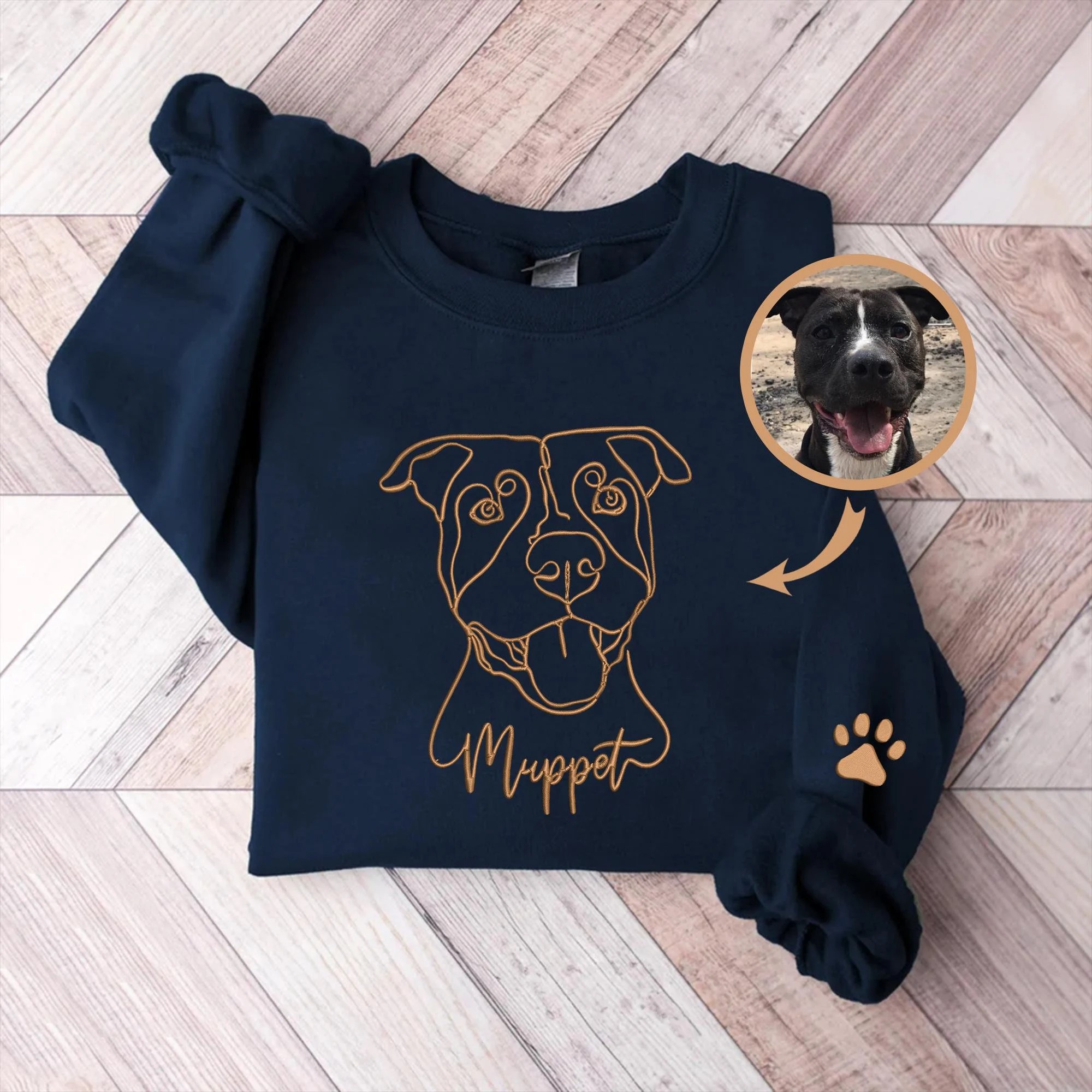 Custom Dog Portrait Outline Embroidered Sweatshirt, Custom Pet Sweatshirt, Personalized Pet Face and Pet name Sweatshirt, Gift for Pet Lover