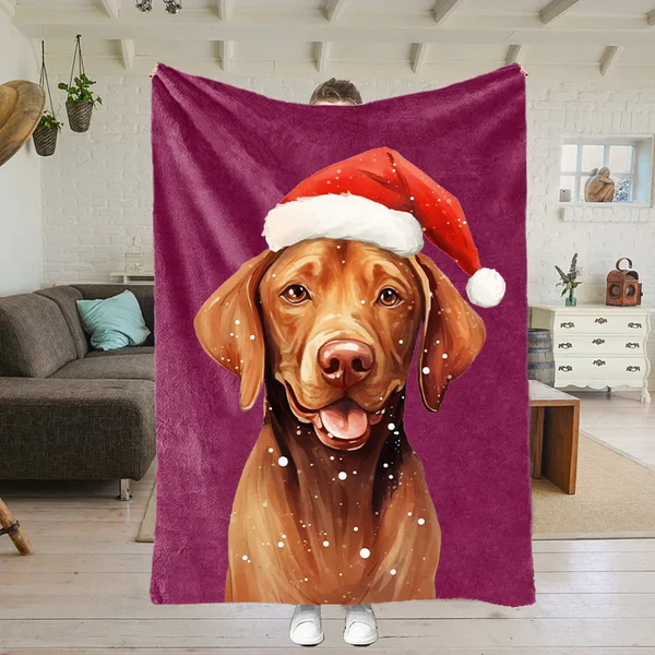 Custom Christmas Pet Portrait Blanket with Santa Hat & Snowflakes – Personalized Dog Blanket Gift