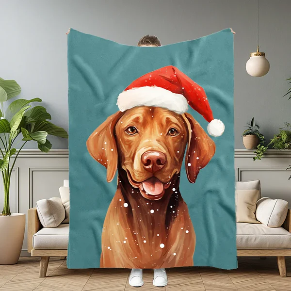 Custom Christmas Pet Portrait Blanket with Santa Hat & Snowflakes – Personalized Dog Blanket Gift