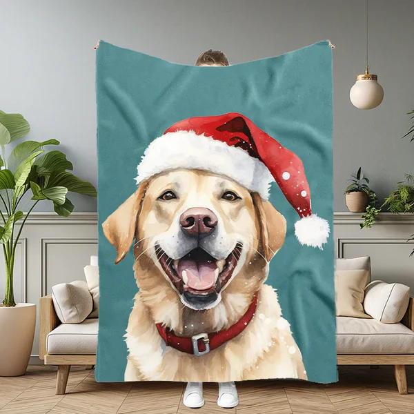 Custom Christmas Pet Portrait Blanket with Santa Hat & Snowflakes – Personalized Dog Blanket Gift