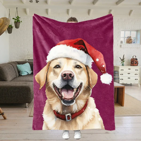 Custom Christmas Pet Portrait Blanket with Santa Hat & Snowflakes – Personalized Dog Blanket Gift