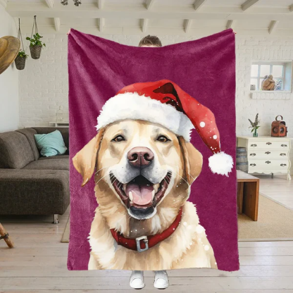 Custom Christmas Pet Portrait Blanket with Santa Hat & Snowflakes – Personalized Dog Blanket Gift