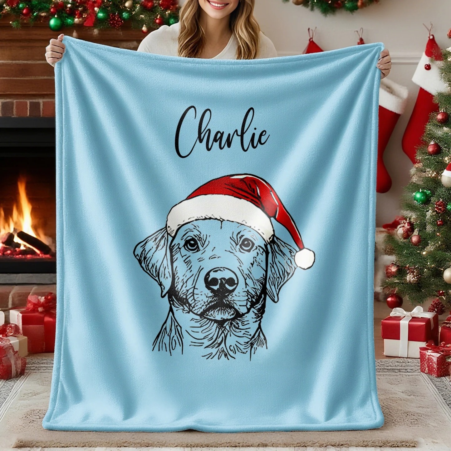 Custom Christmas Pet Portrait Blanket Gift for Pet Lover