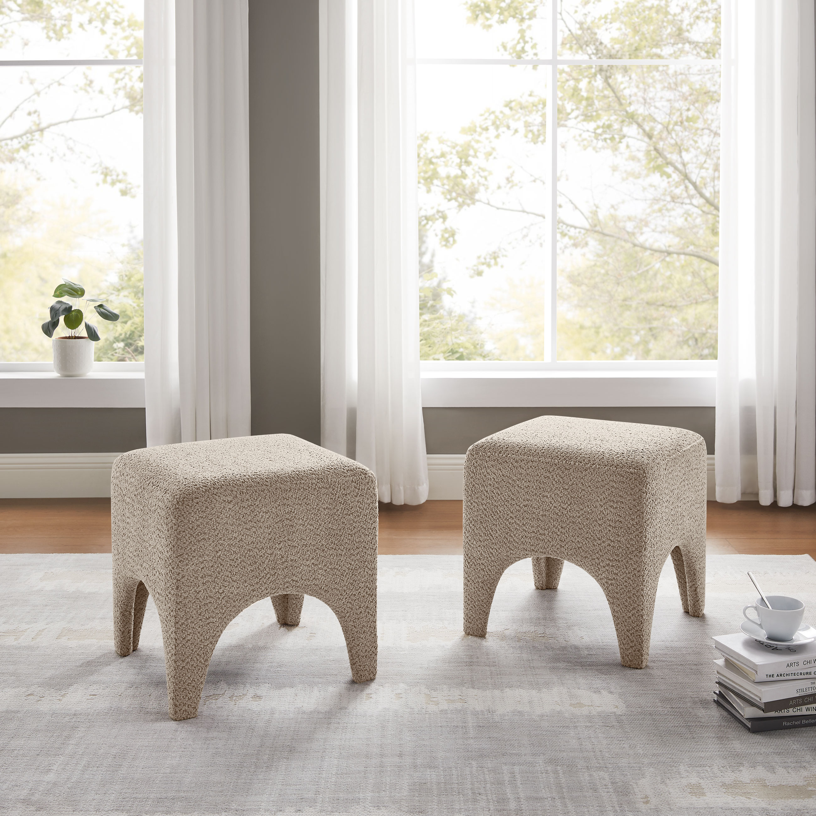 Boucle Ottoman Footstool with Arched Legs for Living Room Bedroom and Entryway