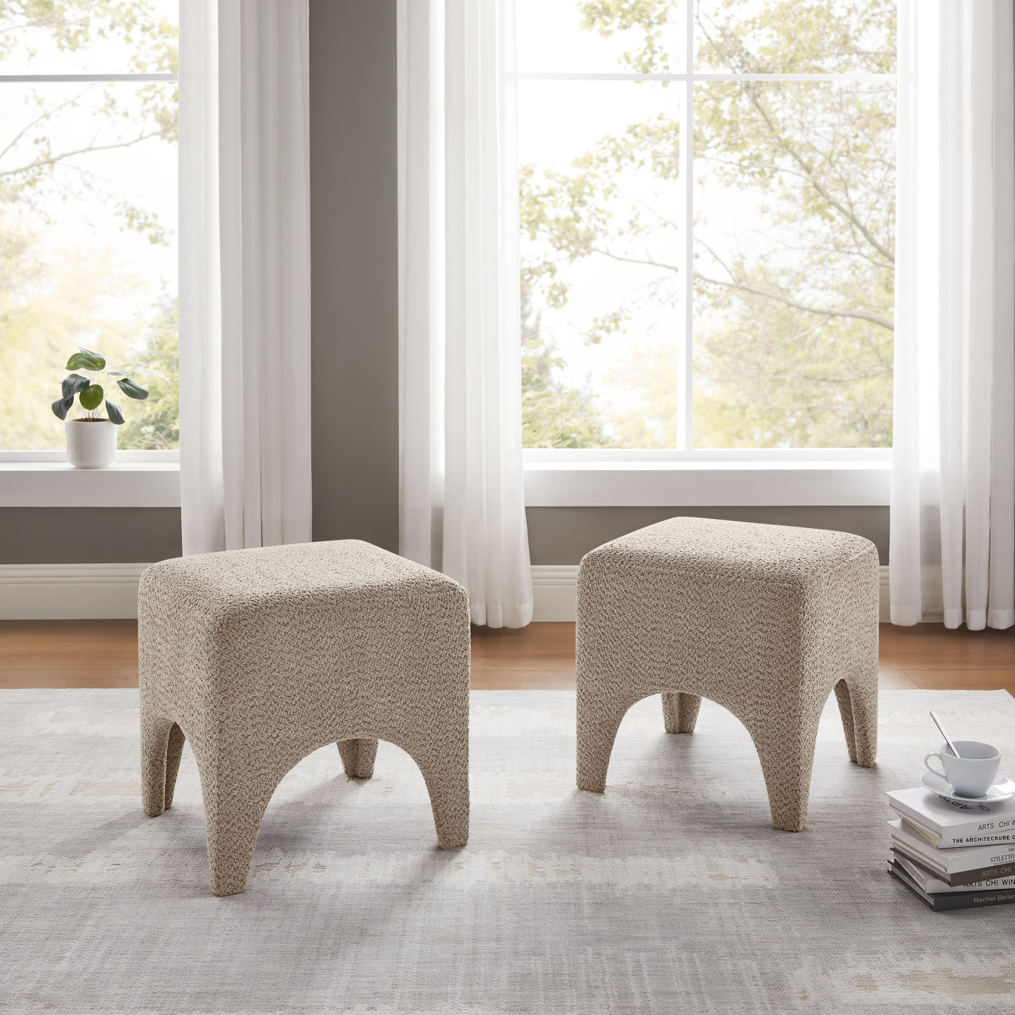 Boucle Ottoman Footstool with Arched Legs for Living Room Bedroom and Entryway