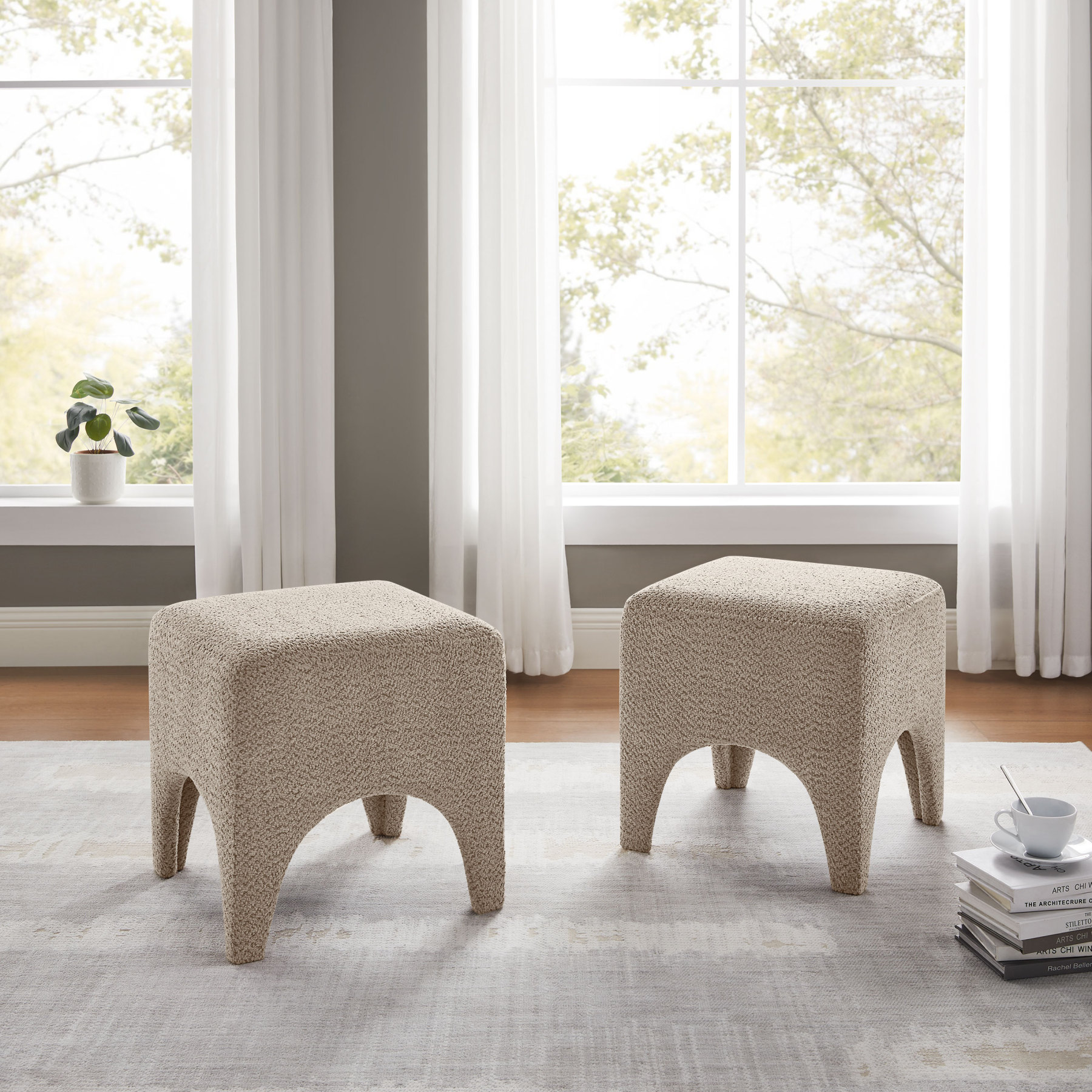 Boucle Ottoman Footstool with Arched Legs for Living Room Bedroom and Entryway