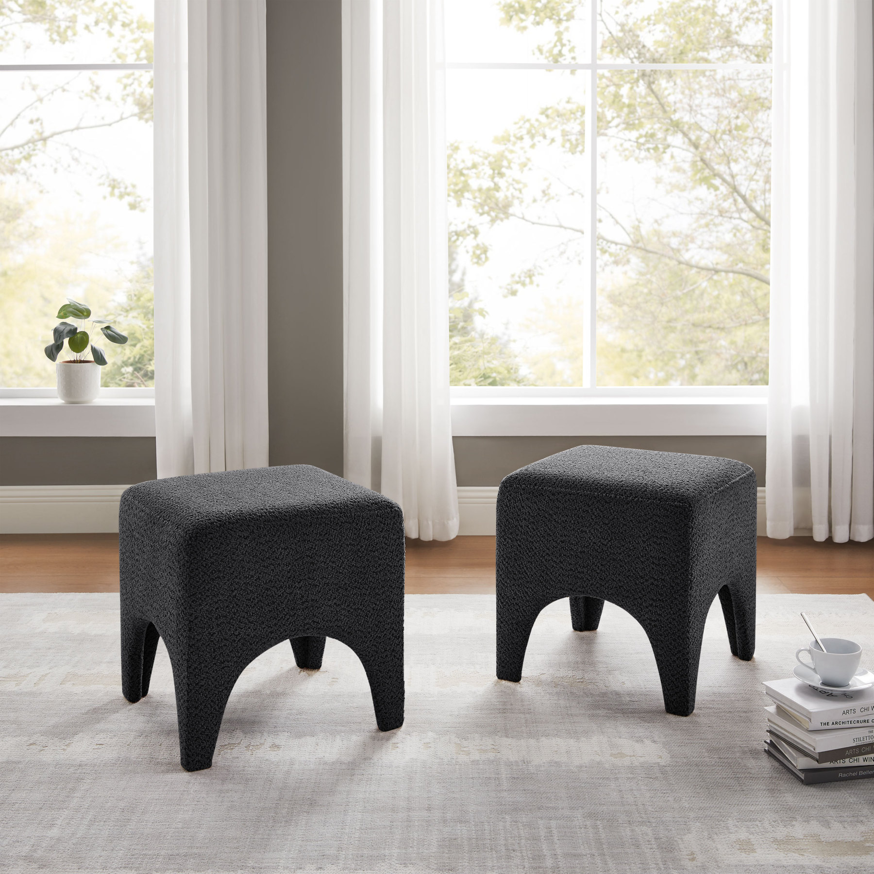 Boucle Ottoman Footstool with Arched Legs for Living Room Bedroom and Entryway