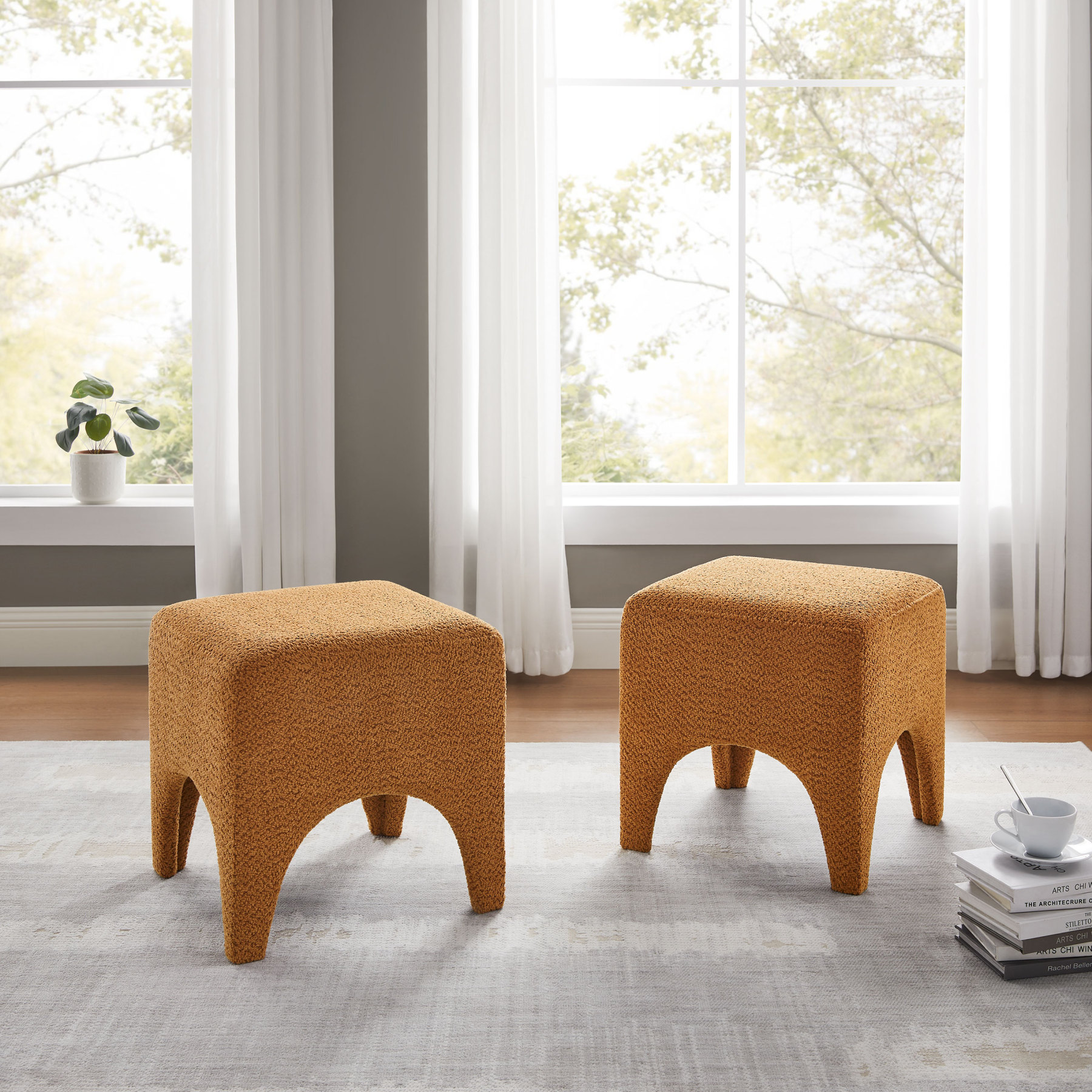 Boucle Ottoman Footstool with Arched Legs for Living Room Bedroom and Entryway