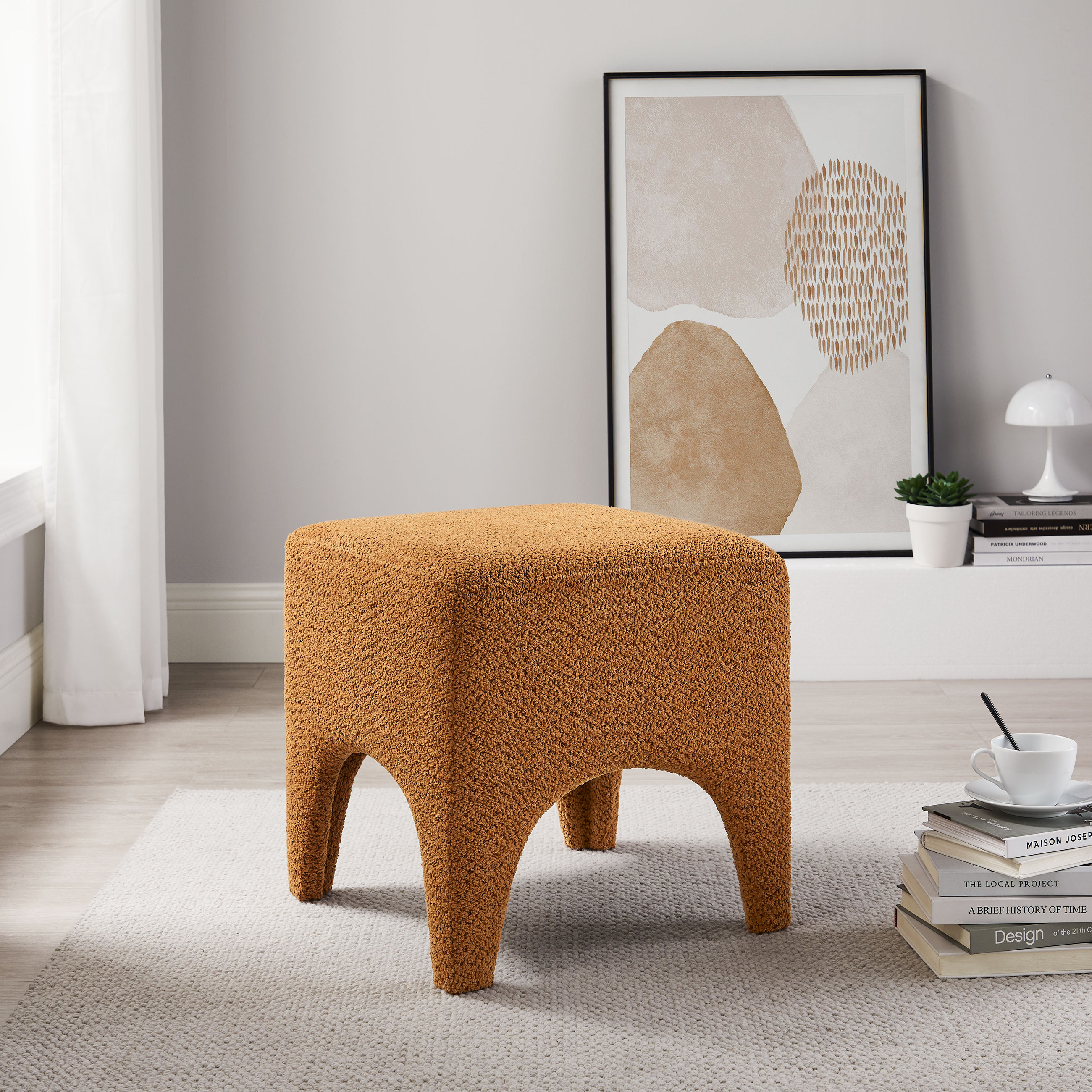 Boucle Ottoman Footstool with Arched Legs for Living Room Bedroom and Entryway