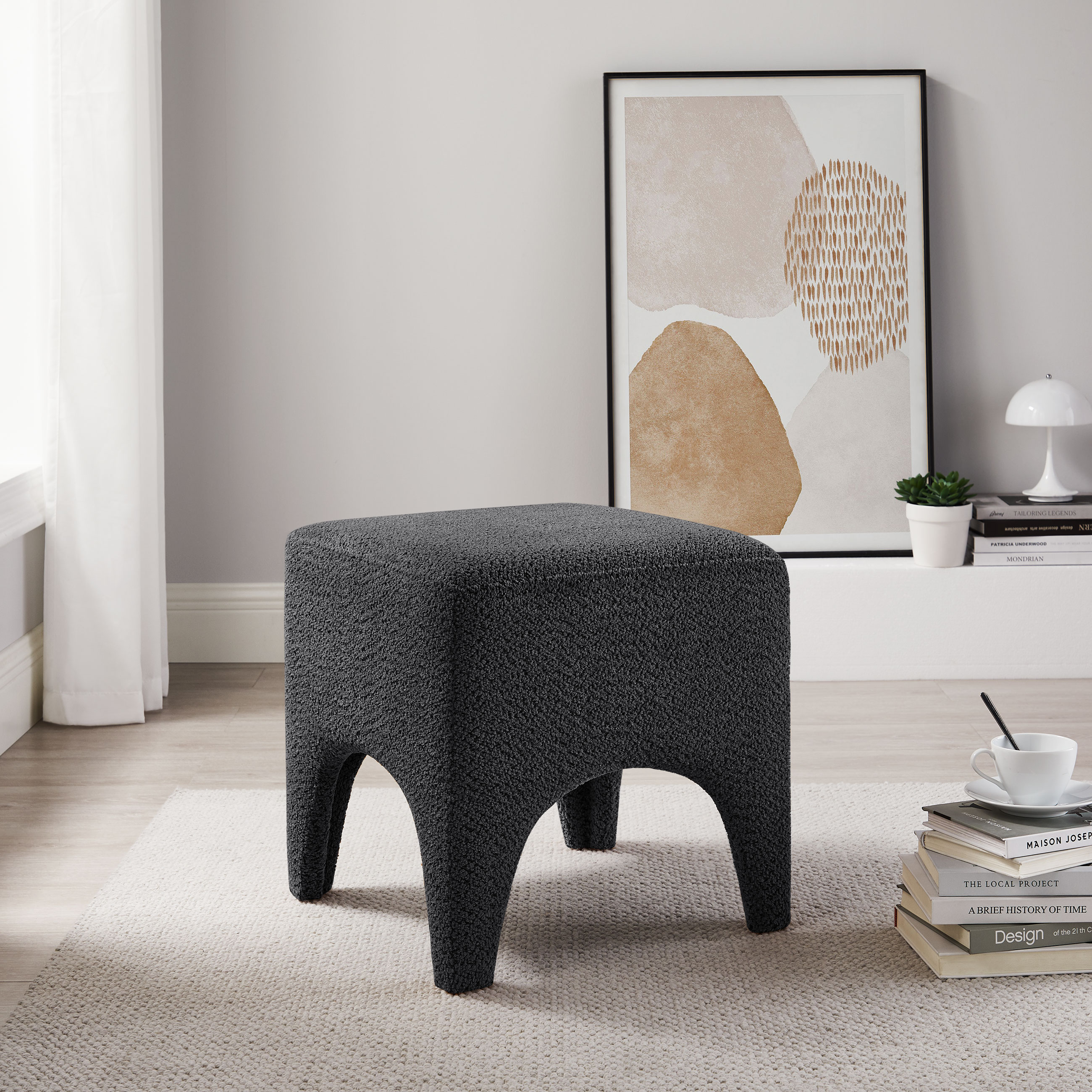 Boucle Ottoman Footstool with Arched Legs for Living Room Bedroom and Entryway