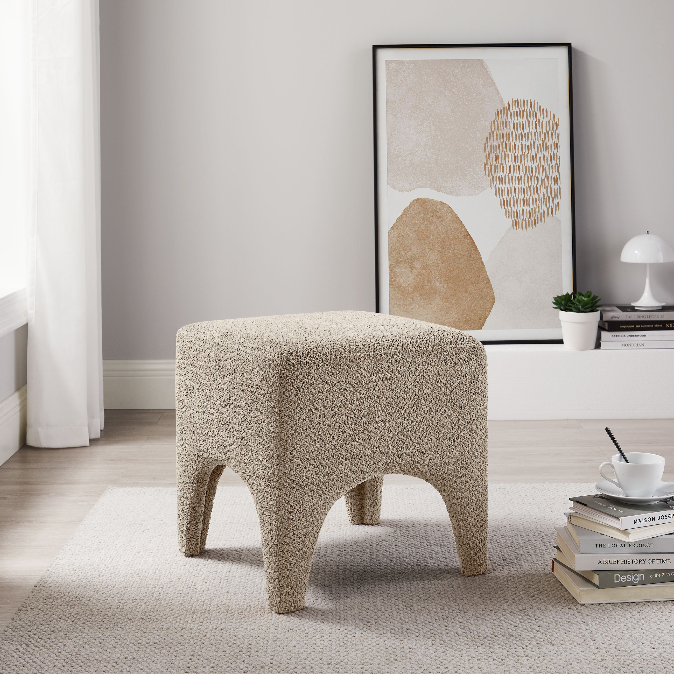 Boucle Ottoman Footstool with Arched Legs for Living Room Bedroom and Entryway