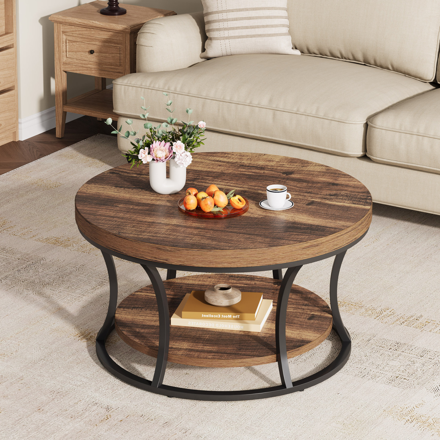 Round Coffee Table with Storage, 2-Tier Circl Coffee Table for Living 