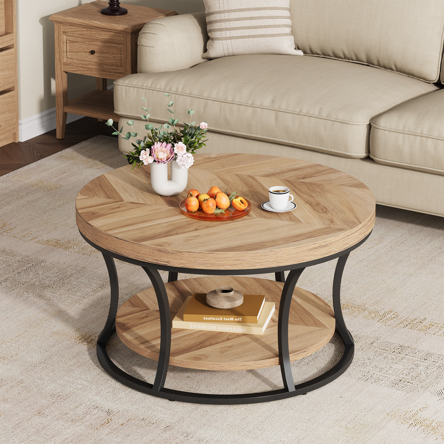 Round Coffee Table with Storage, 2-Tier Coffee Table for Living Room