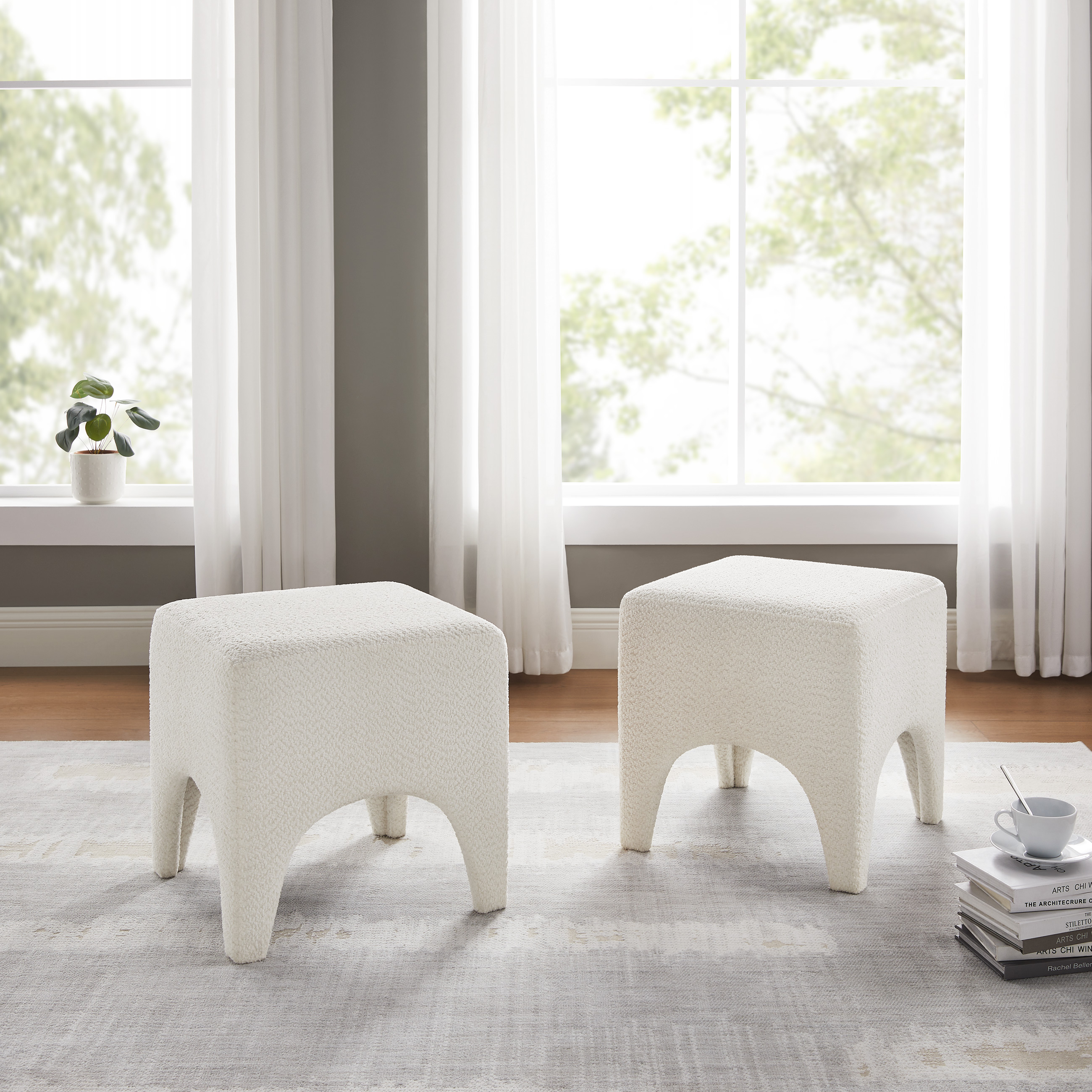 Boucle Ottoman Footstool with Arched Legs for Living Room Bedroom and Entryway