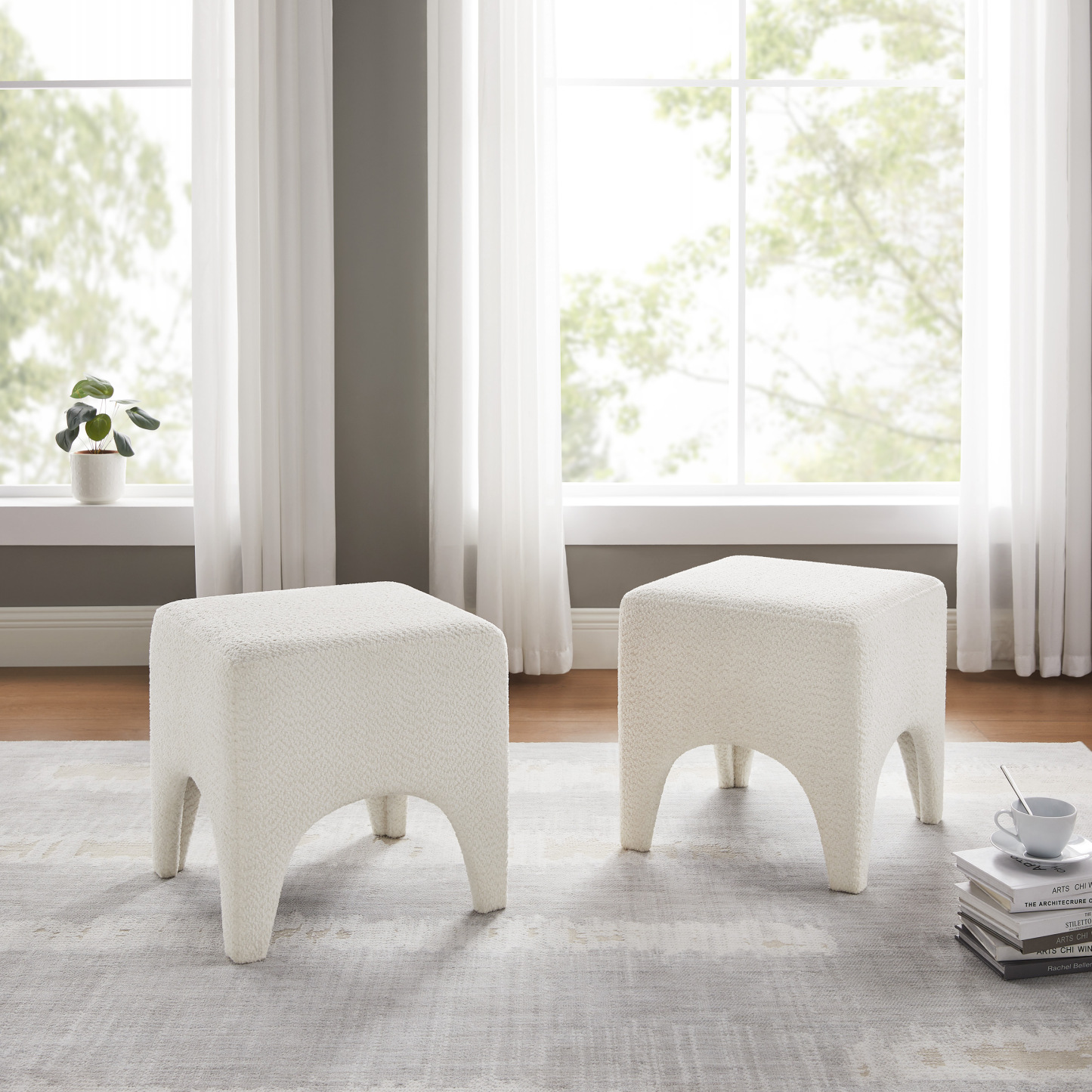 Boucle Ottoman Footstool with Arched Legs for Living Room Bedroom and Entryway