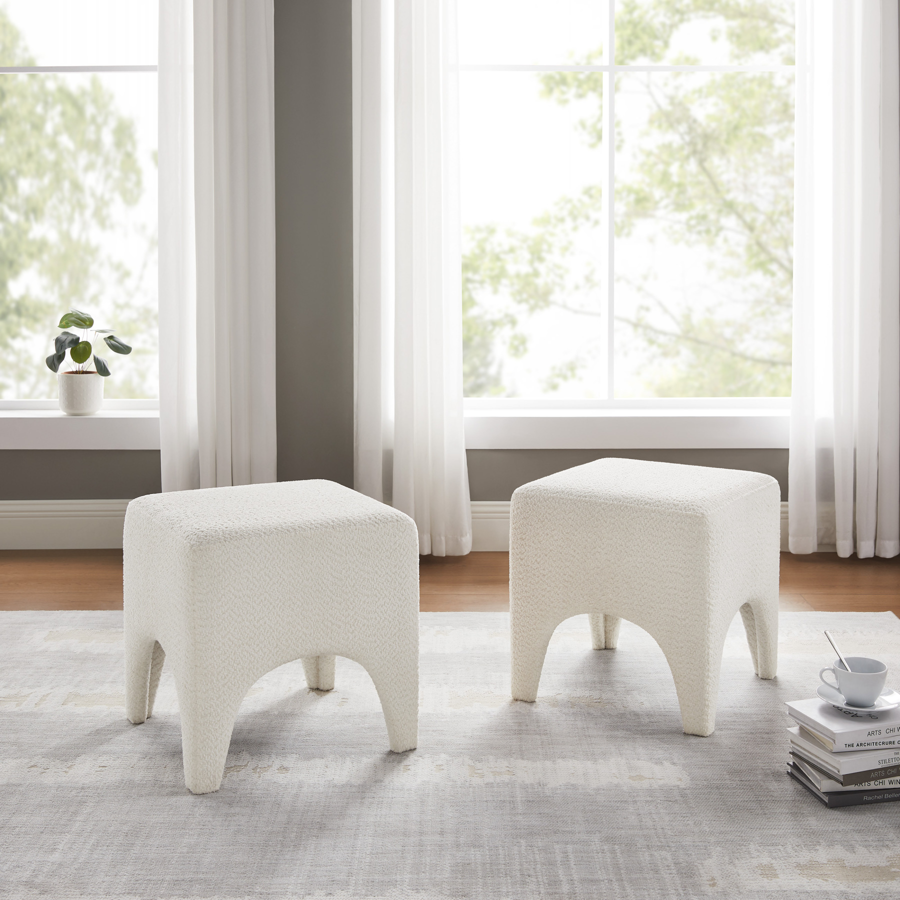 Boucle Ottoman Footstool with Arched Legs for Living Room Bedroom and Entryway