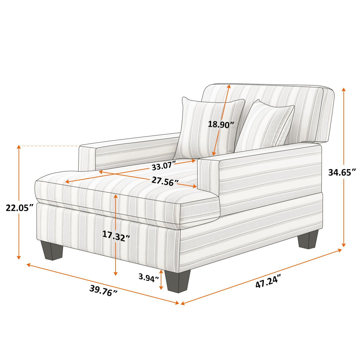 Oversized Stripe Fabric Chaise Lounge Chair for Living Room, Bedroom, Apartment