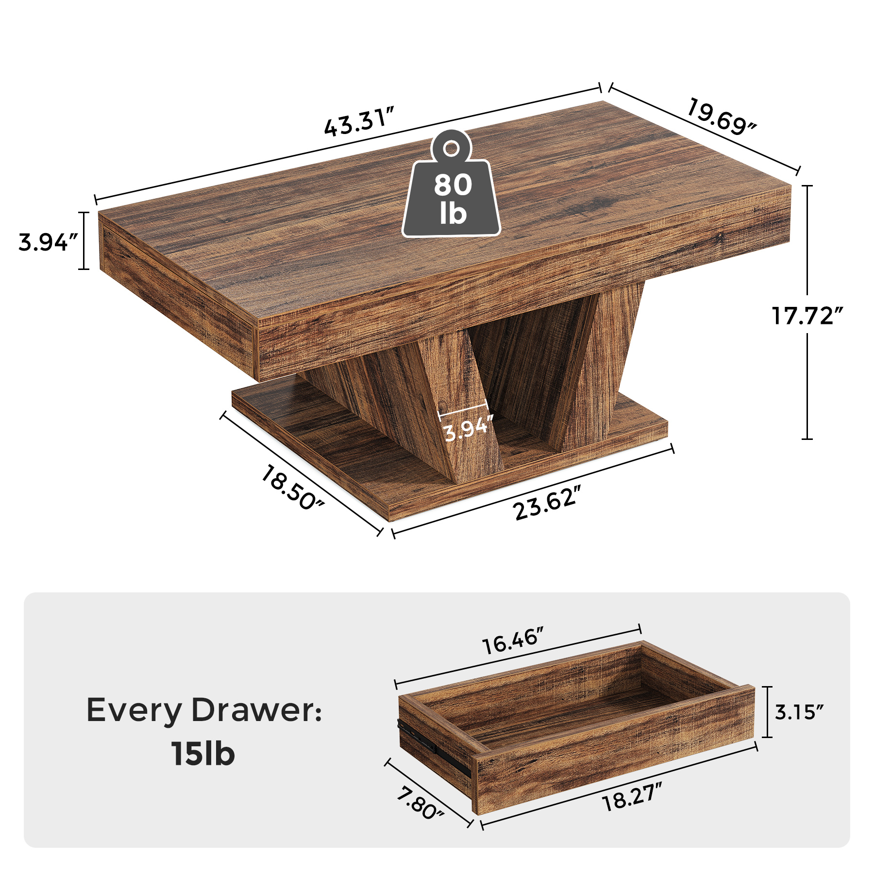 Wood Coffee Table with Storage for Living Room