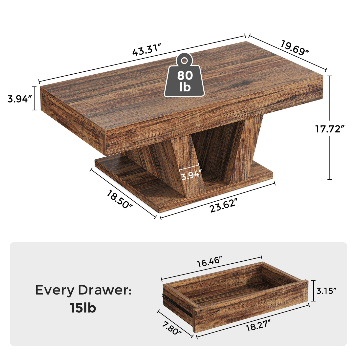 Wood Coffee Table with Storage for Living Room