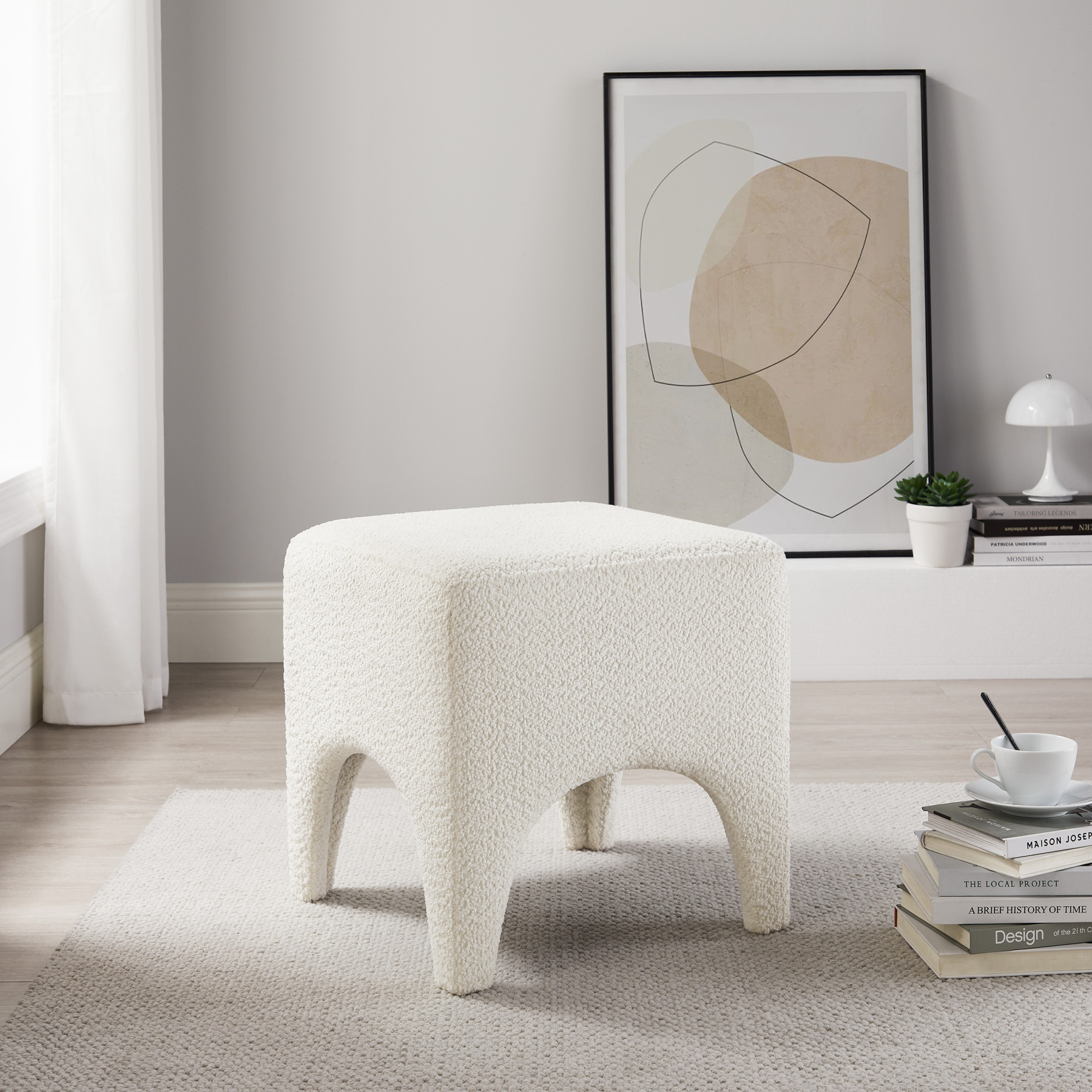 Boucle Ottoman Footstool with Arched Legs for Living Room Bedroom and Entryway