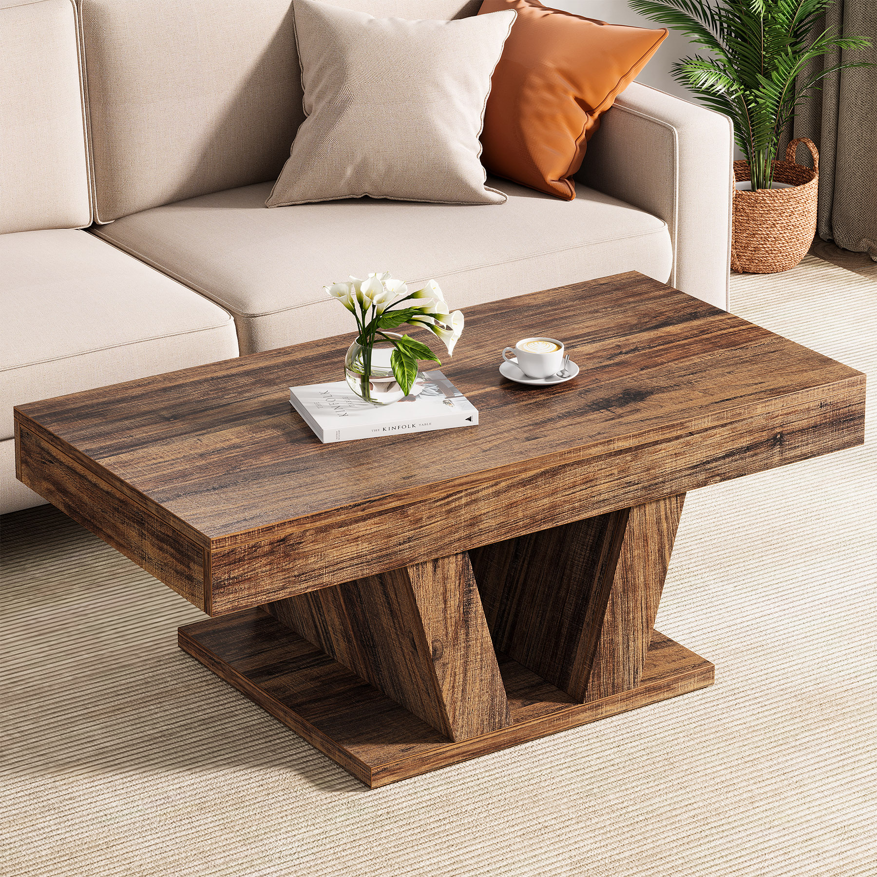 Wood Coffee Table with Storage for Living Room