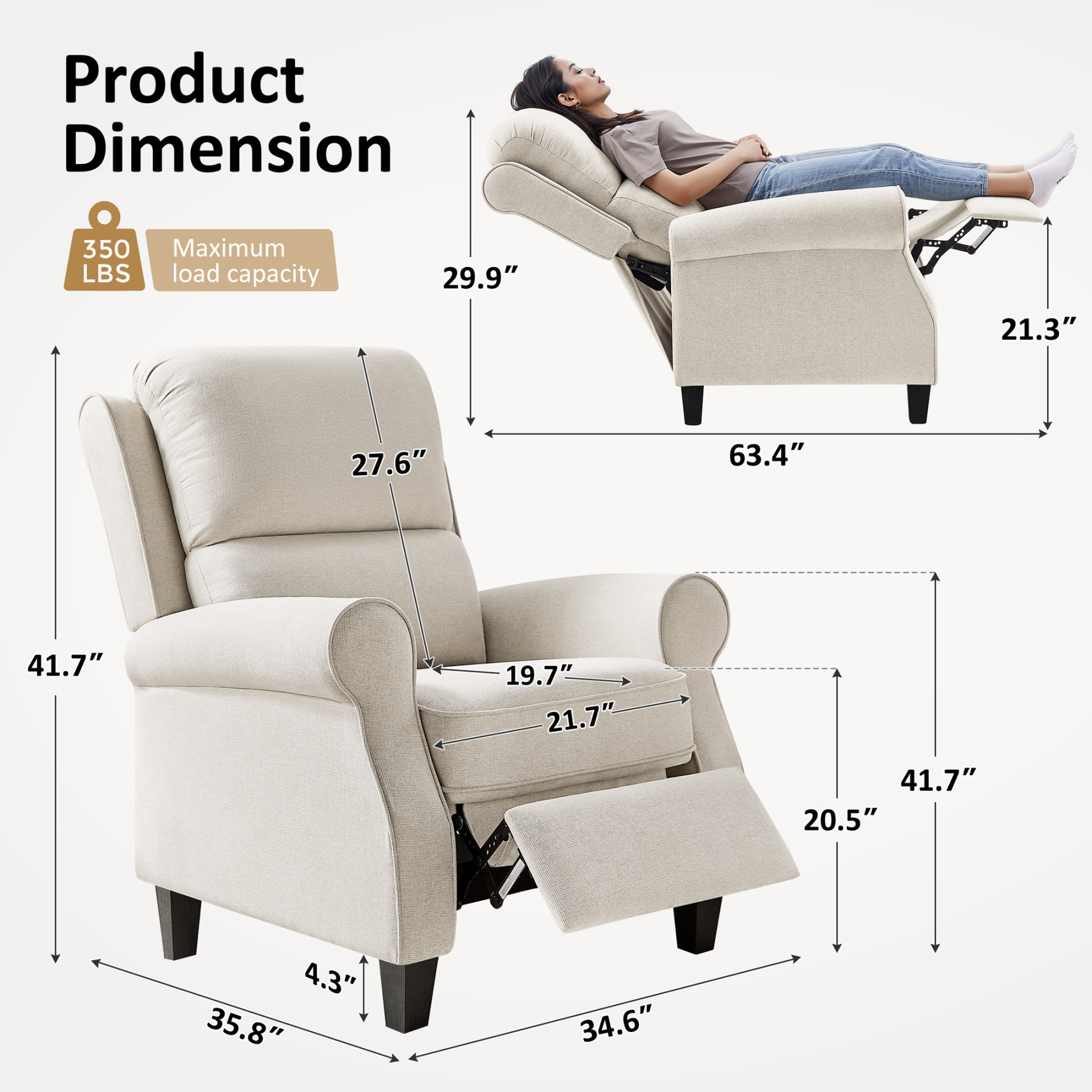 Oversized Push-Back Recliner with Lumbar Support for Living Room, Bedroom & Reading Nook