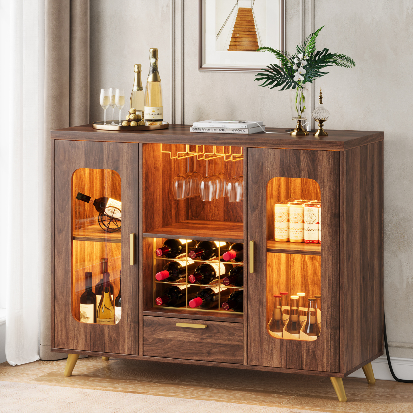 39.37'' Wine Bar Cabinet with LED, Outlet, Wine Rack and Glass Holder