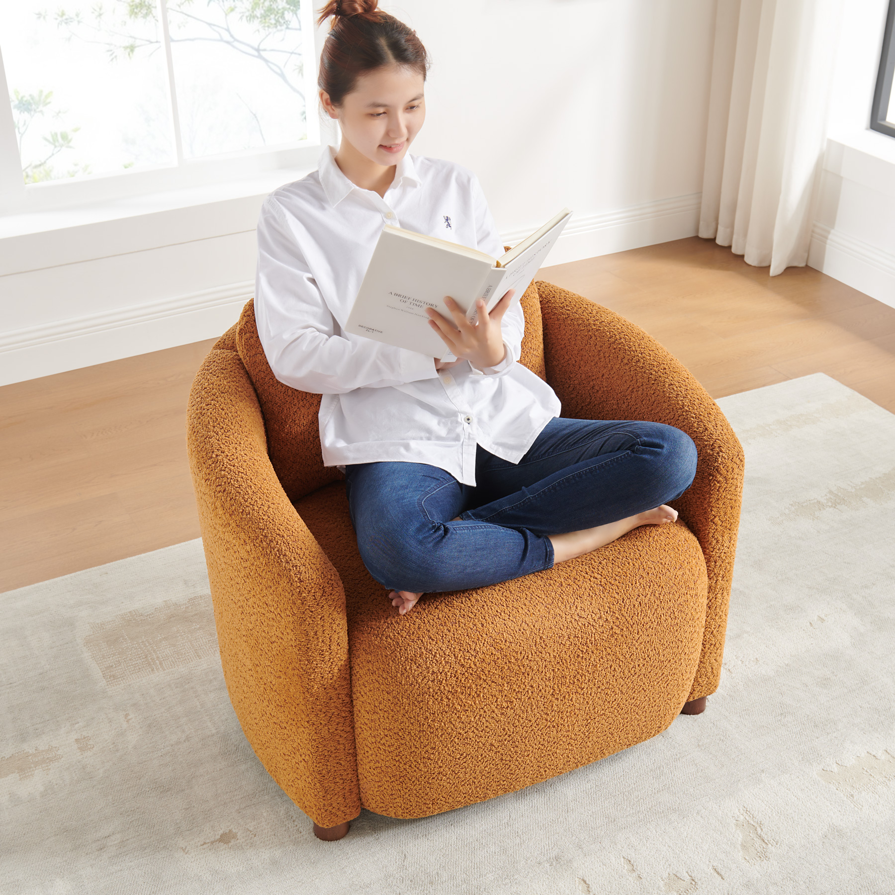 Boucle Barrel Reading Chair with Cloud Pillow Back Living Room & Bedroom