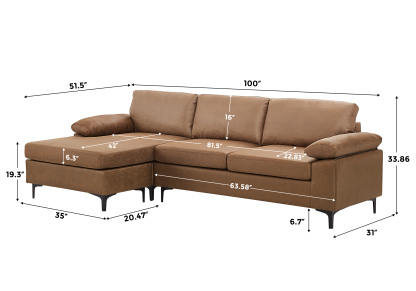 100" 4 Seater Reversible Faux Leather Sectional Sofa with Chaise