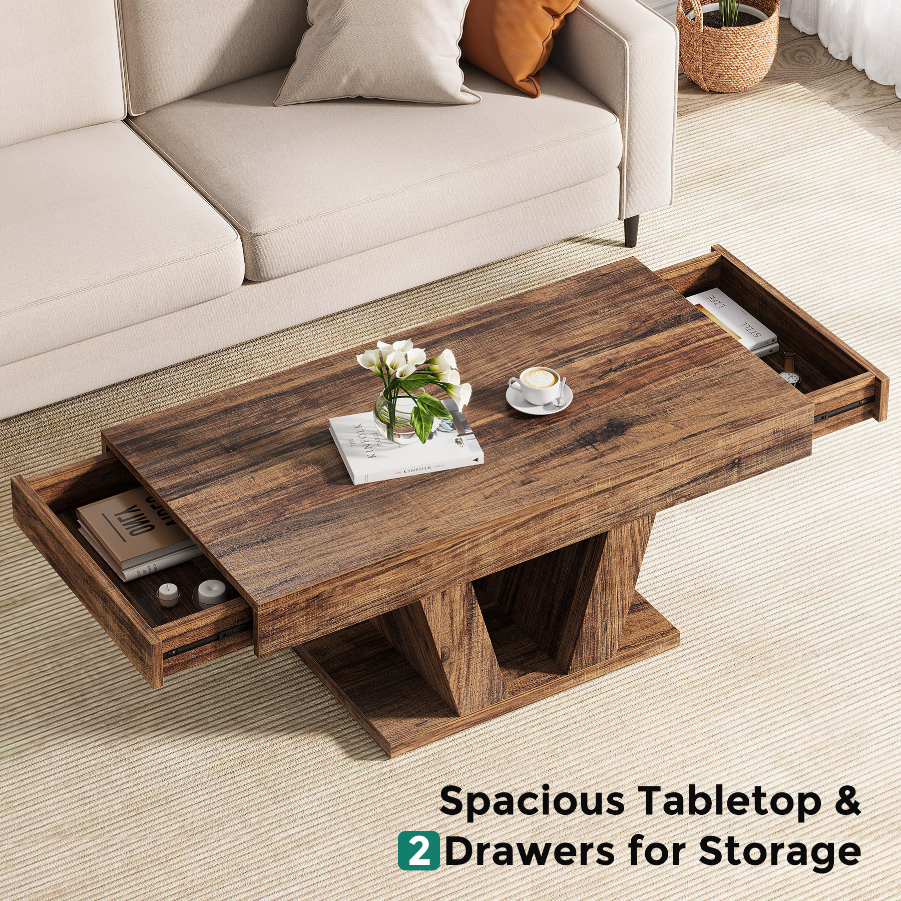 Wood Coffee Table with Storage for Living Room