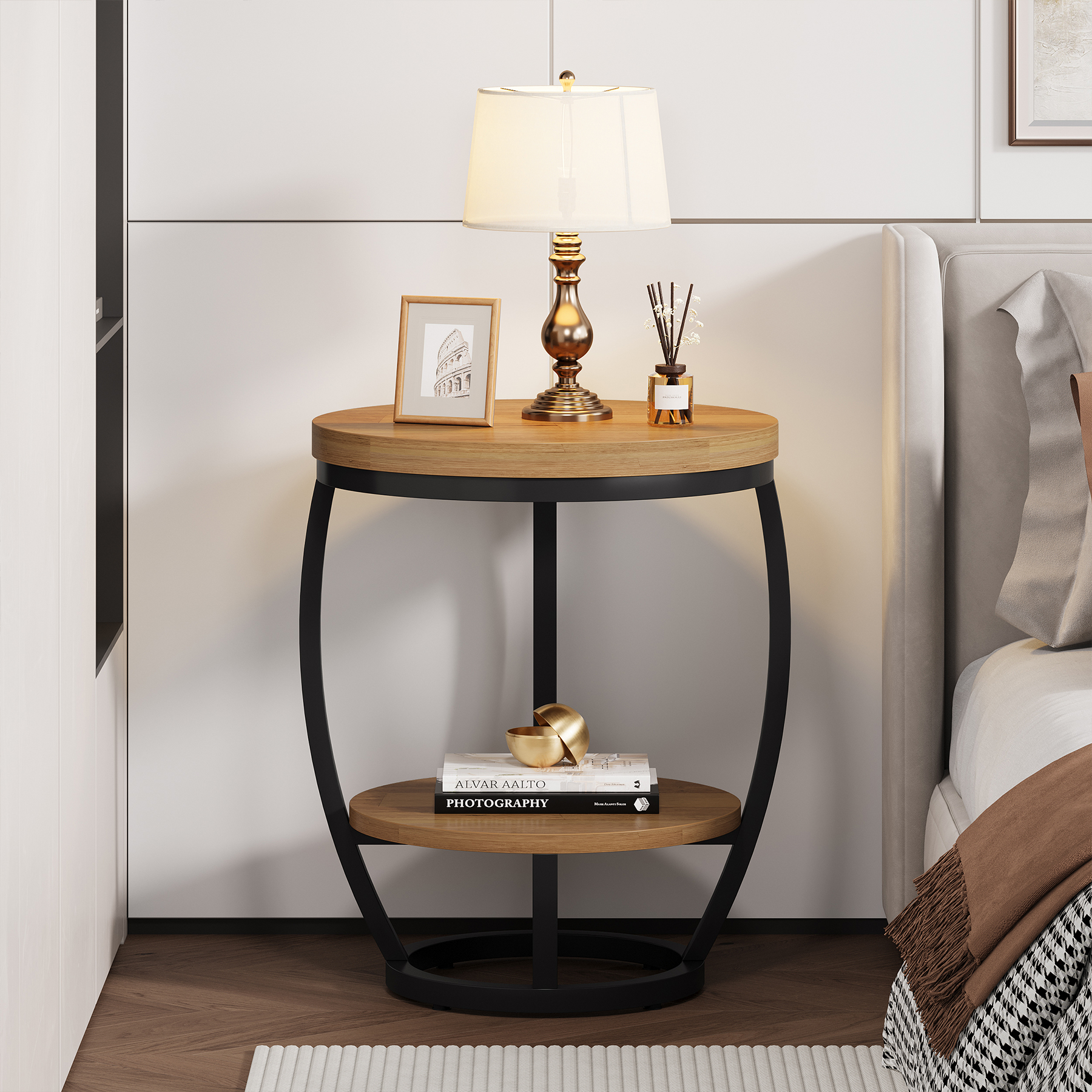 2-Tier Round End Table for Bedroom, Living Room, Small Spaces