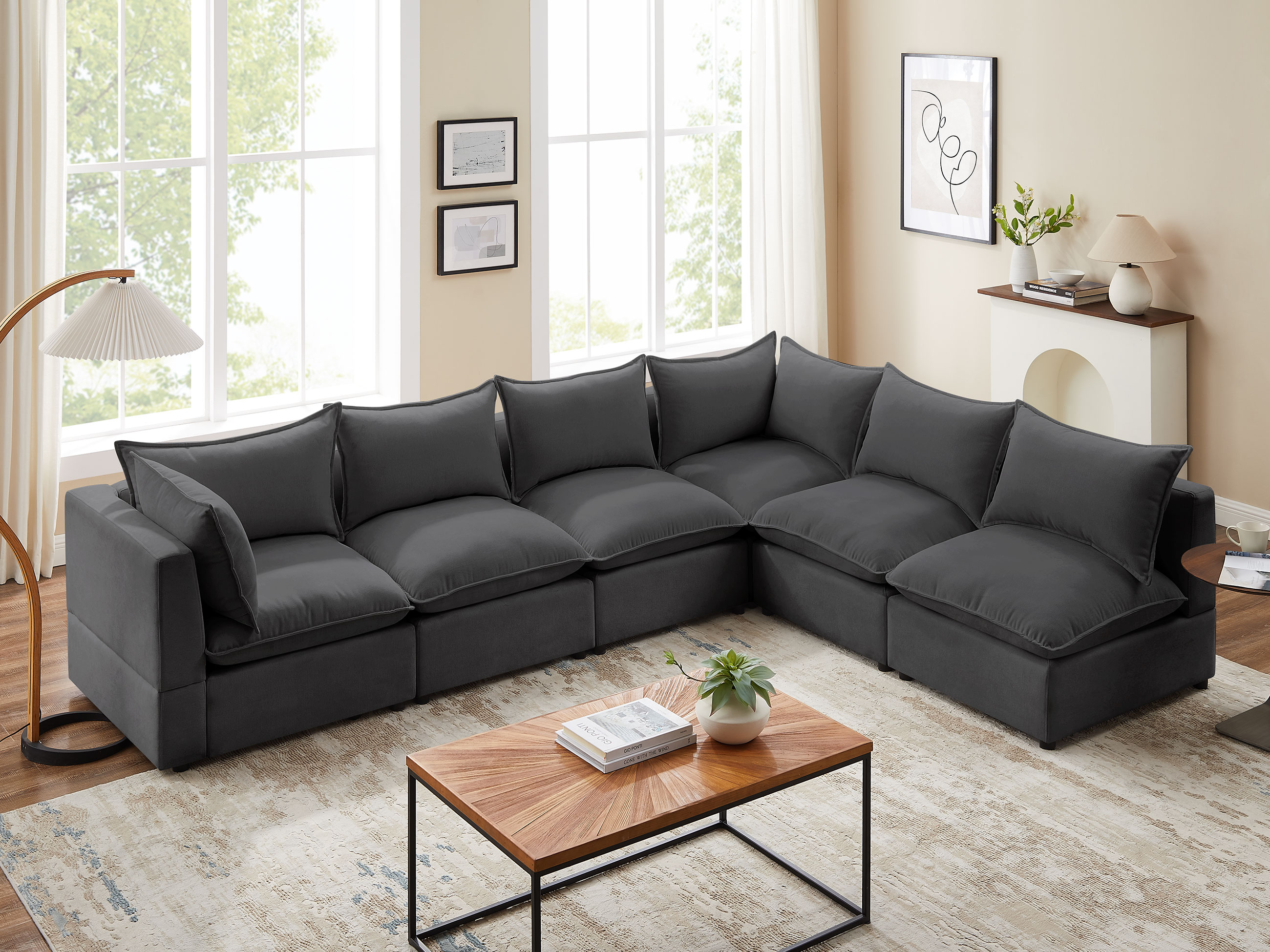 VANOMI 6-Piece Linen Modular L-Shaped Sectional Sofa with Ottoman