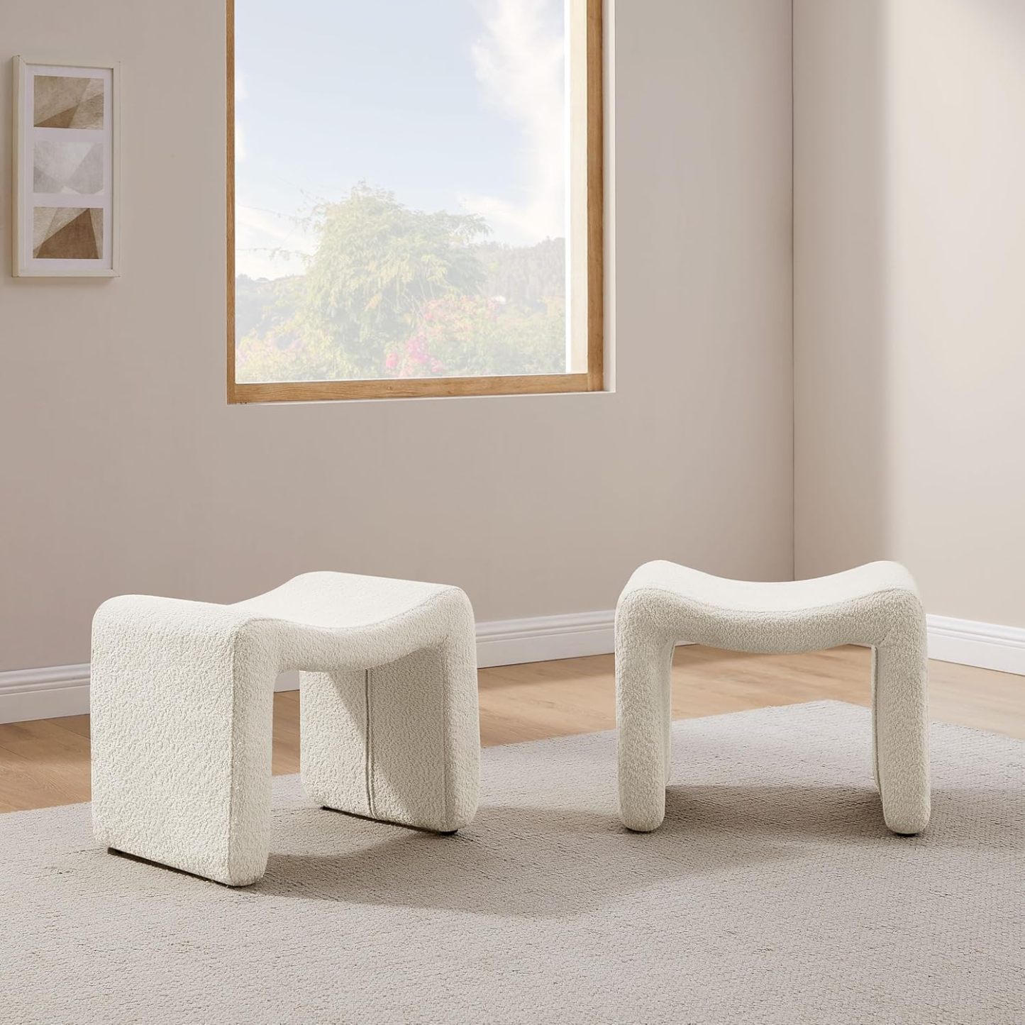 VANOMi 21-inch Small White Boucle Ottoman Foot Stool for Hallway, Living Room, Bedroom Set of 2