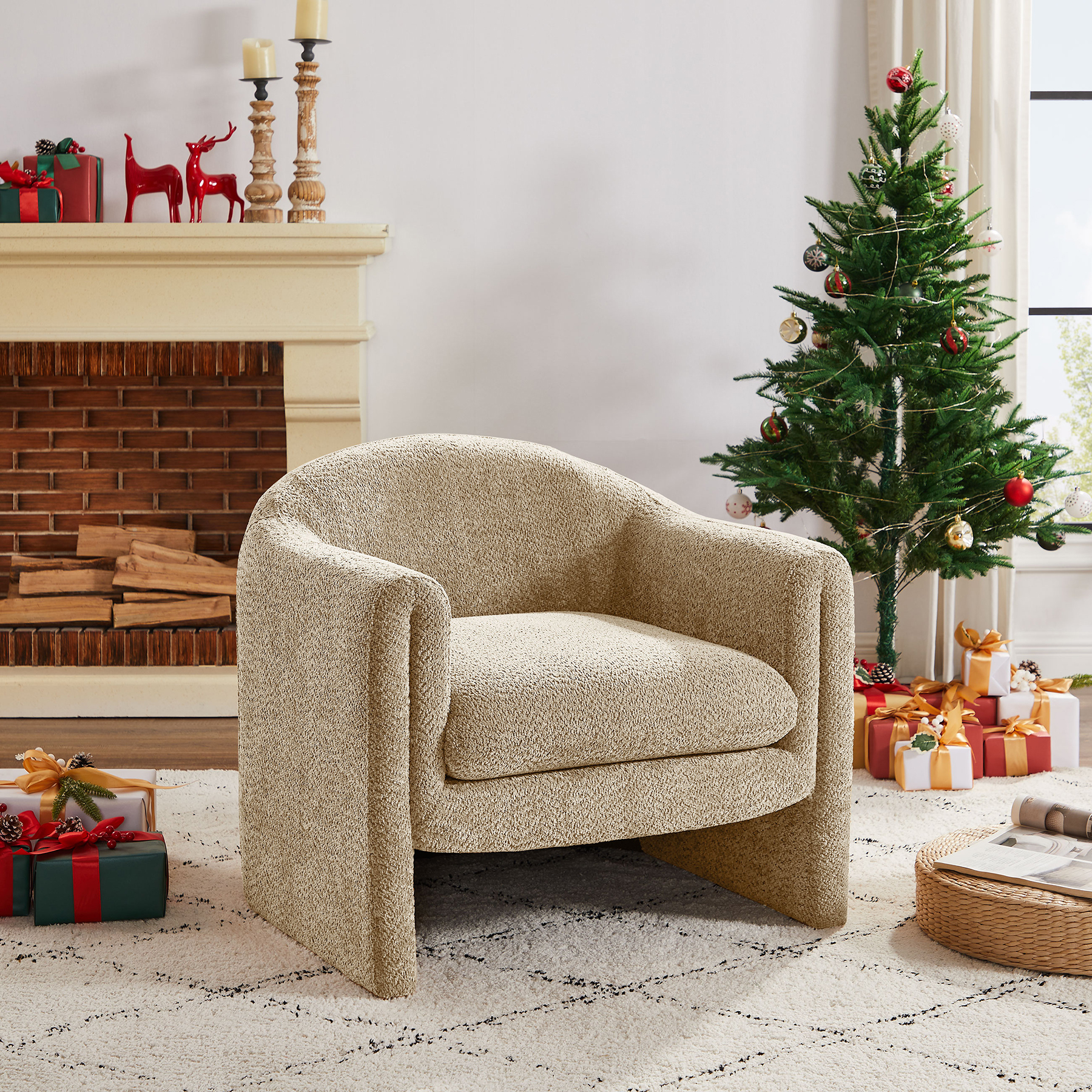 VANOMi 30'' Modern U Shaped Club Chair Large Accent Chair with Upholstered Arms Boucle Camel