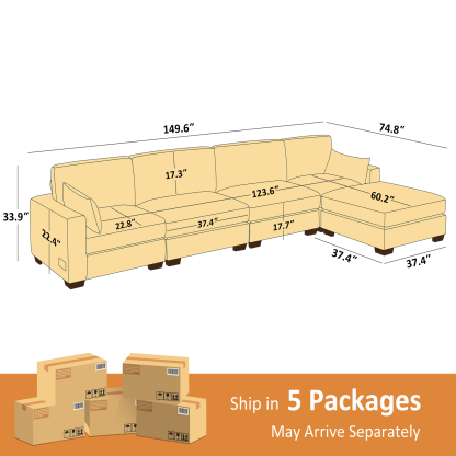 74.8''-149.6'' L/U Shaped Chenille Sofa with Ottomans & Outlets