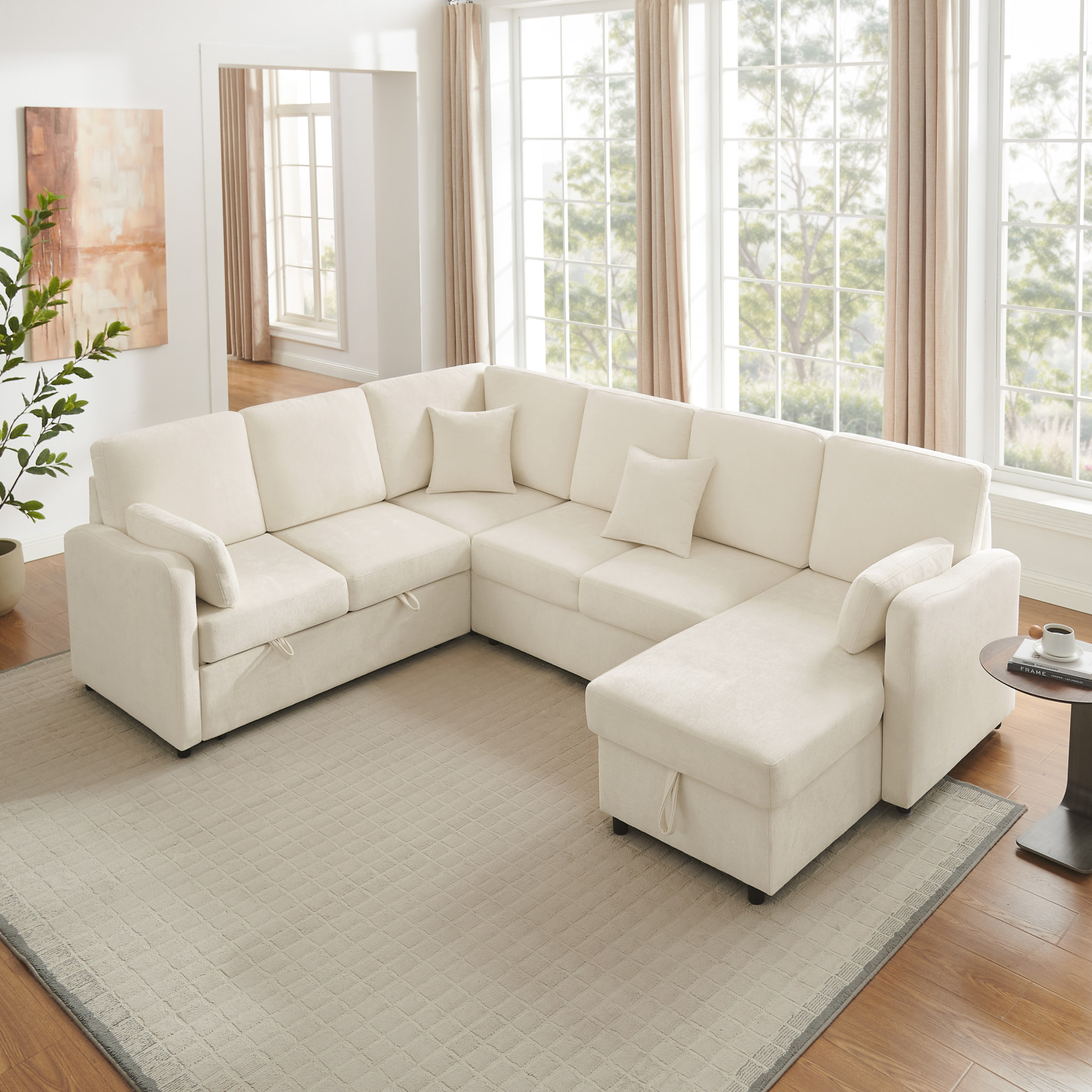 111.42" U-Shaped Pull Out Couch Modular Sleeper Sectional Sofa with Storage