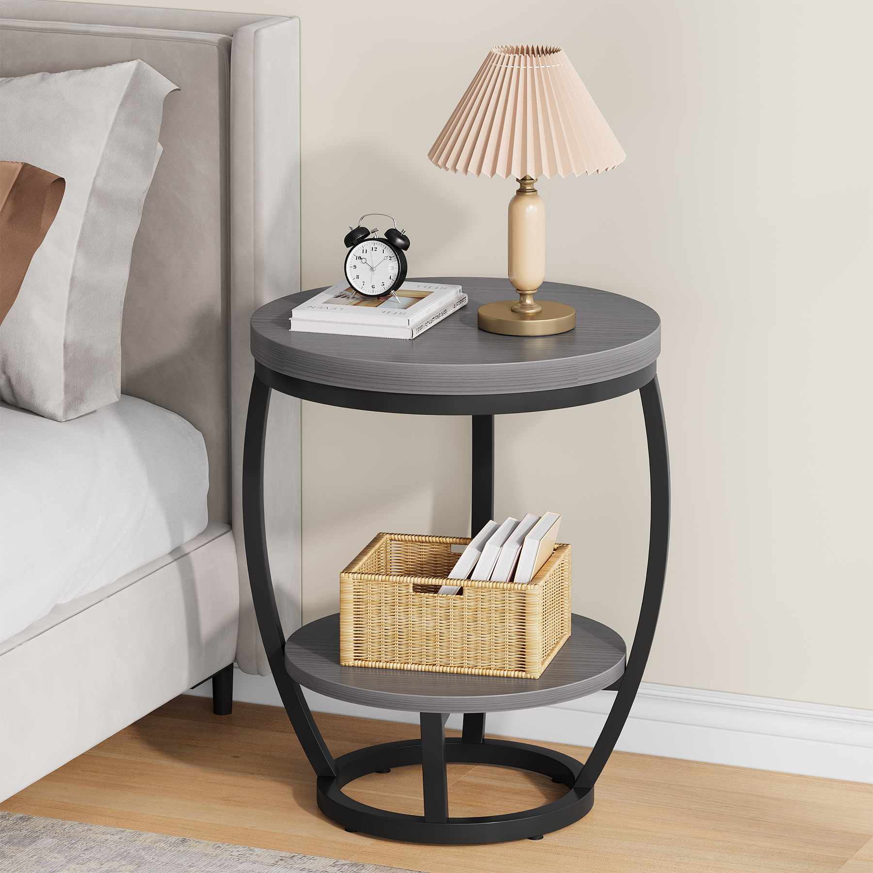 2-Tier Round End Table for Bedroom, Living Room, Small Spaces